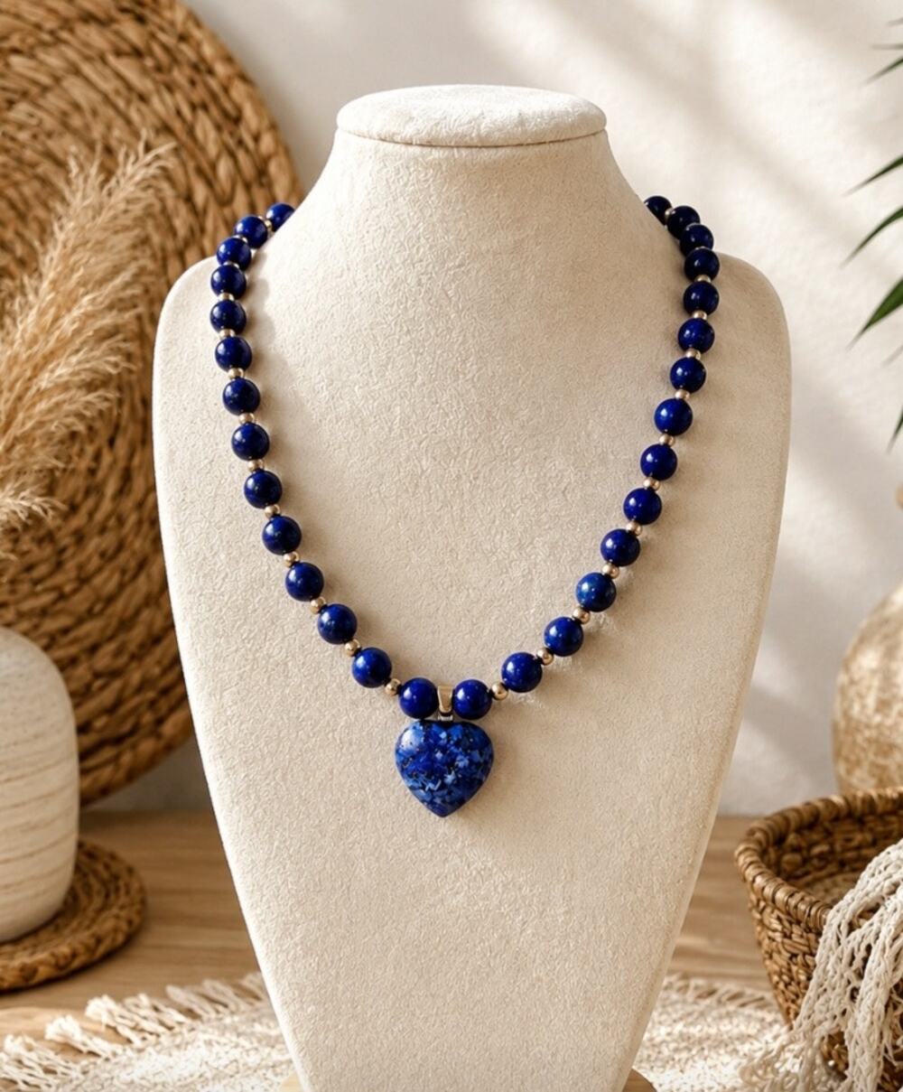 Semi Precious Blue Beaded Hearr Necklace